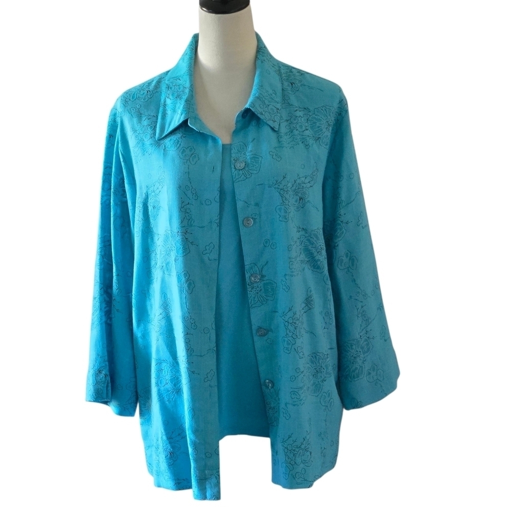 Vintage 90s Sag Harbor 2 pc Women's X-Lg Teal Blue Printed Top Office Career